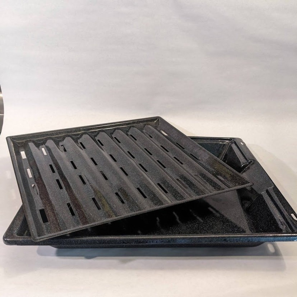 Vtg Black Speckled Porcelain Enameled Steel Broiler Pan & Rack Set 14.5x13" 2 pc